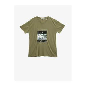 Koton Women's Green Printed Crew Neck Short Sleeve T-Shirt