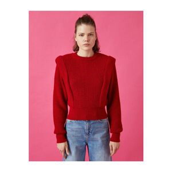 Koton Women's Red Crew Neck Waistband Oversize Sweater