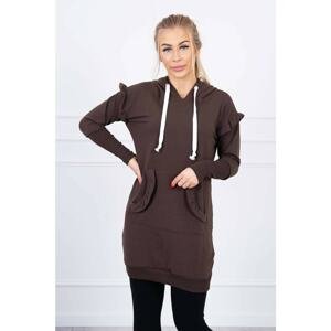 Brown dress with decorative ruffles and hood