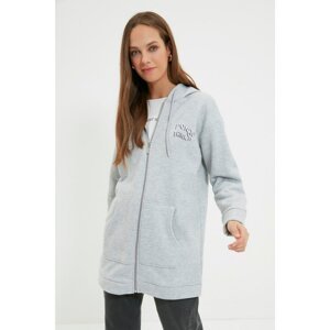 Trendyol Gray Hooded Zipper Printed Knitted Sweatshirt