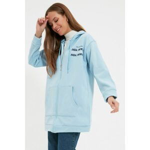 Trendyol Blue Hoodie Printed Knitted Sweatshirt