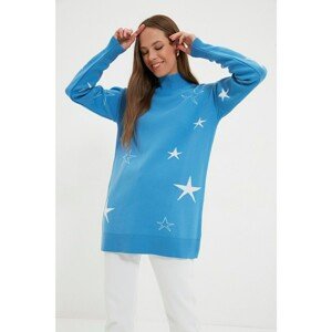 Trendyol Blue Stand Up Collar Patterned Knitwear Sweater