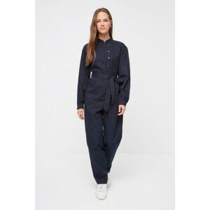 Trendyol Navy Blue Stand Up Collar Belted Jumpsuit