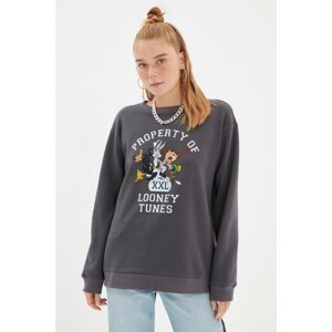 Trendyol Anthracite Looney Tunes Licensed Printed Boyfriend Thick Fleece Knitted Sweatshirt