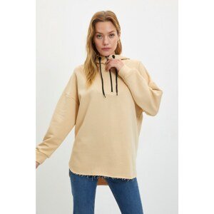 Trendyol Beige Hooded Asymmetric Thin Knitted Sweatshirt