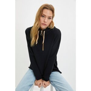 Trendyol Black Hooded Asymmetric Slim Knitted Sweatshirt