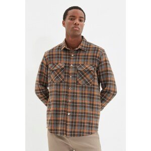 Trendyol Brown Men Regular Fit Double Pocket Covered Snap Closure Woodcut Plaid Shirt