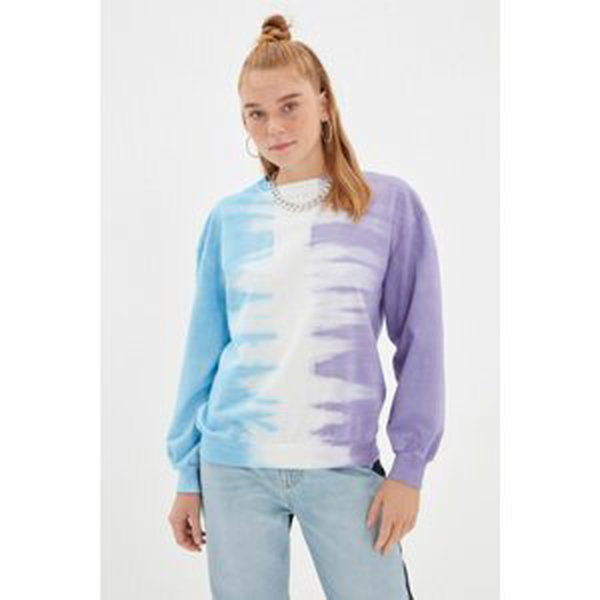 Trendyol Lilac Tie-Dye Washed Stand Up Collar Basic Knitted Thin Sweatshirt