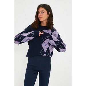 Trendyol Navy Blue Geometric Jacquard Knitwear Sweater
