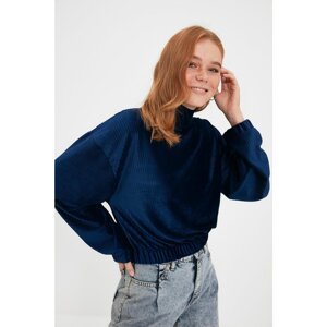 Trendyol Navy Blue High Collar Basic Velvet Knitted Sweatshirt