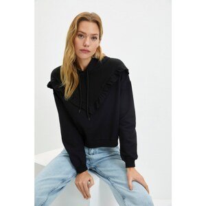 Trendyol Black Ruffle Detailed Slim Basic Knitted Sweatshirt