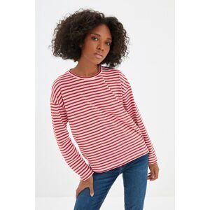 Trendyol Red Recycle Loose Fit Striped Knitted T-Shirt