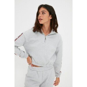 Trendyol Gray Crop Stand-Up Collar Printed and Raised Knitted Sweatshirt