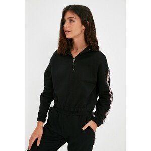 Trendyol Black Crop Stand-Up Collar Printed and Raised Knitted Sweatshirt