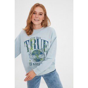 Trendyol Blue Printed Loose Slim Knitted Sweatshirt