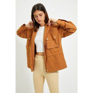 Trendyol Camel Hooded Waist Pleated Coat