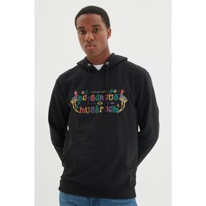 Trendyol Black Men's Regular/Regular Fit Long Sleeve Printed Hoodie with Sweatshirt