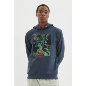 Trendyol Indigo Men Regular Fit Hooded Long Sleeve Printed Sweatshirt