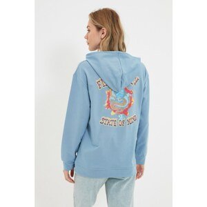 Trendyol Blue Printed Boyfriend Hooded Slim Knitted Sweatshirt