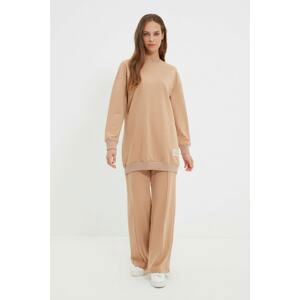 Trendyol Camel Crew Neck Ornamental Label Knitted Tracksuit Set