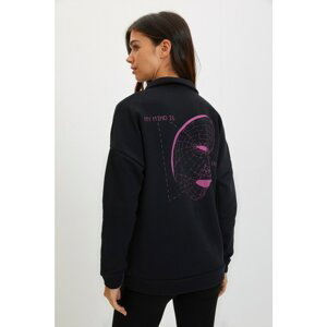 Trendyol Black Polo Neck Loose Printed Slim Knitted Sweatshirt