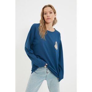Trendyol Navy Blue Embroidered Loose Pattern Thin Knitted Sweatshirt