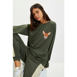 Trendyol Khaki Embroidered Loose Pattern Thin Knitted Sweatshirt