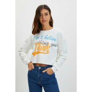 Trendyol White Crop Print Slim Knitted Sweatshirt