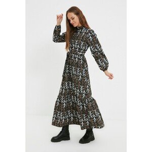 Trendyol Black Stand Up Collar Patterned Belted Dress