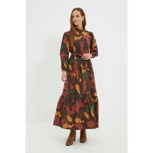 Trendyol Brown Stand Up Collar Floral Pattern Belted Dress