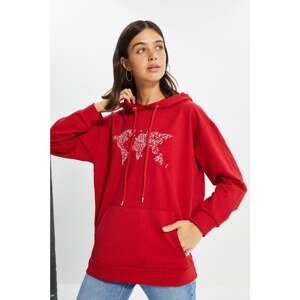 Trendyol Red Embroidered Hooded Boyfriend Knitted Slim Sweatshirt