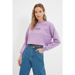 Trendyol Lilac Embroidered Crop Raised Knitted Thick Sweatshirt