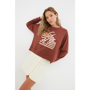 Trendyol Brown Raglan Sleeve Printed Basic Slim Knitted Sweatshirt