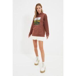 Trendyol Brown Boyfriend Hoodie Printed Slim Knitted Sweatshirt