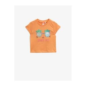 Koton Baby Girl Orange Glittery Text Embroidered Cotton T-Shirt