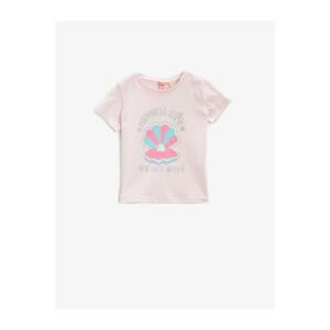 Koton Girl's Pink Printed T-Shirt Cotton Short Sleeve Crew Neck