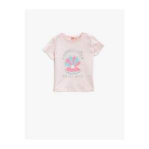 Koton Girl's Pink Printed T-Shirt Cotton Short Sleeve Crew Neck