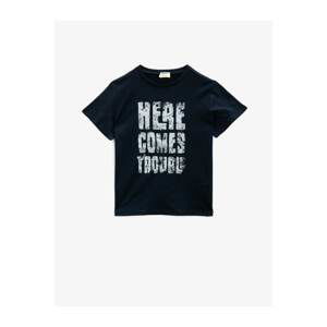 Koton Boys Navy Blue Text Printed Short Sleeve Cotton T-Shirt
