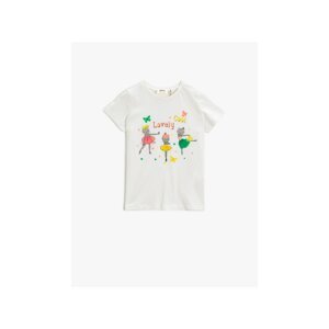 Koton Girl's Ecru Printed T-Shirt Crew Neck Cotton