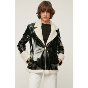 Trendyol Black Plush Detailed Patent Leather Coat