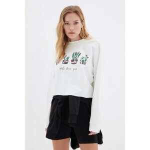 Trendyol Ecru Loose Crop Printed Slim Knitted Sweatshirt