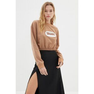 Trendyol Camel Embroidered Crop Raised Knitted Sweatshirt