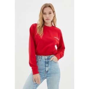Trendyol Red Crop Print Raised Knitted Sweatshirt