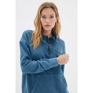 Trendyol Navy Blue Washed Stand Up Loose Thin Knitted Sweatshirt