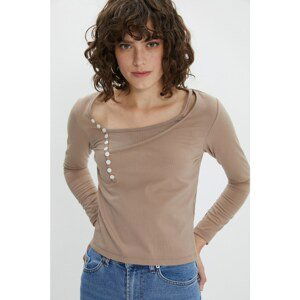 Trendyol Mink Ribbed Button Detailed Knitted Blouse