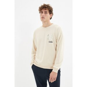 Trendyol Beige Men's Oversize/Wide-Fit Round Neck Cotton Sweatshirt