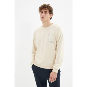 Trendyol Beige Men's Oversize/Wide-Fit Round Neck Cotton Sweatshirt