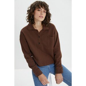 Trendyol Brown Polo Collar Crop Raised Knitted Sweatshirt