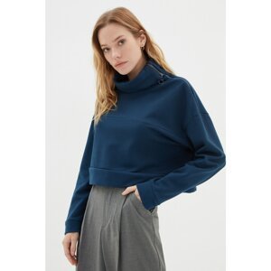 Trendyol Indigo Zipper Detailed Stand Up Collar Raised Crop Knitted Thick Sweatshirt