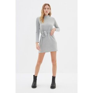 Trendyol Gray Stand Up Collar Belted Knitted Dress